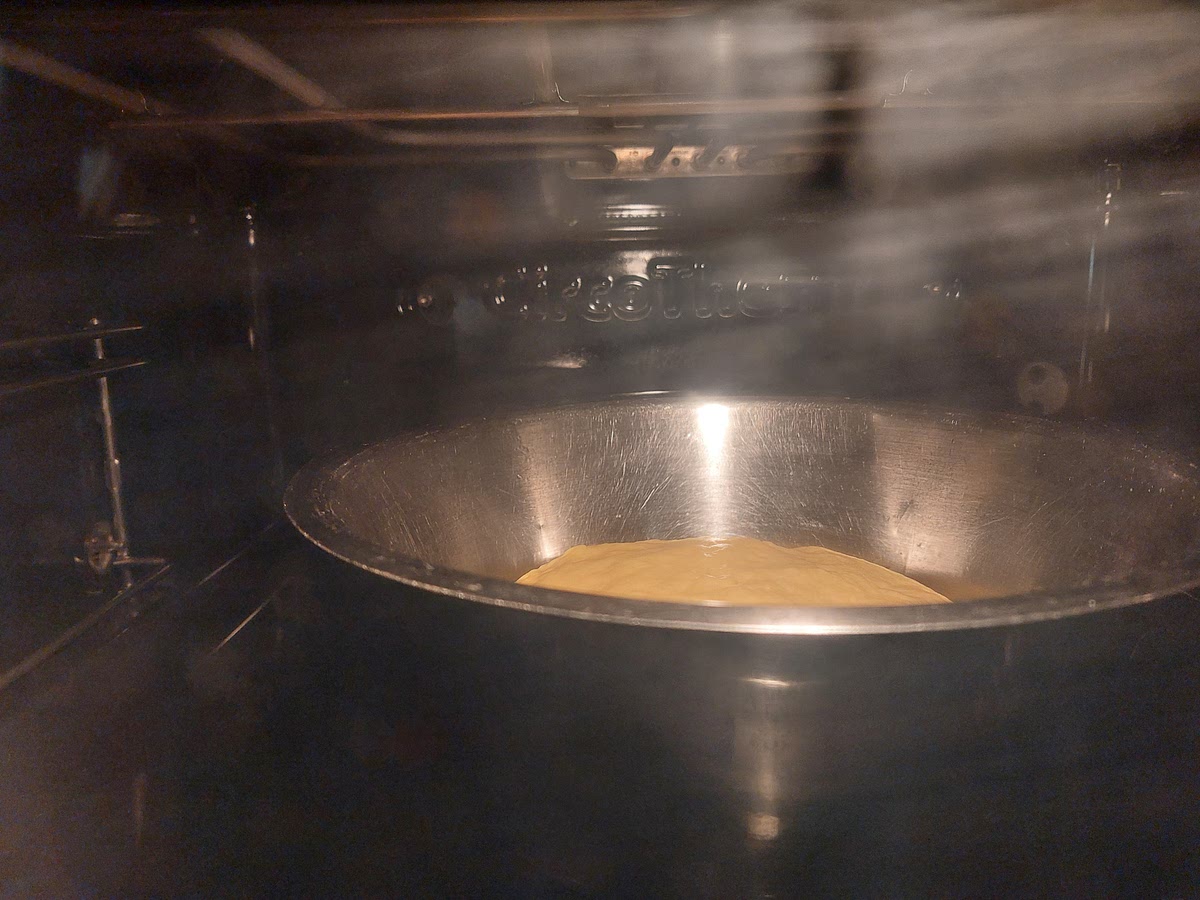 In eine geölte Schüssel geben; zudecken; an einem warmen Ort 2 Std. gehen lassen