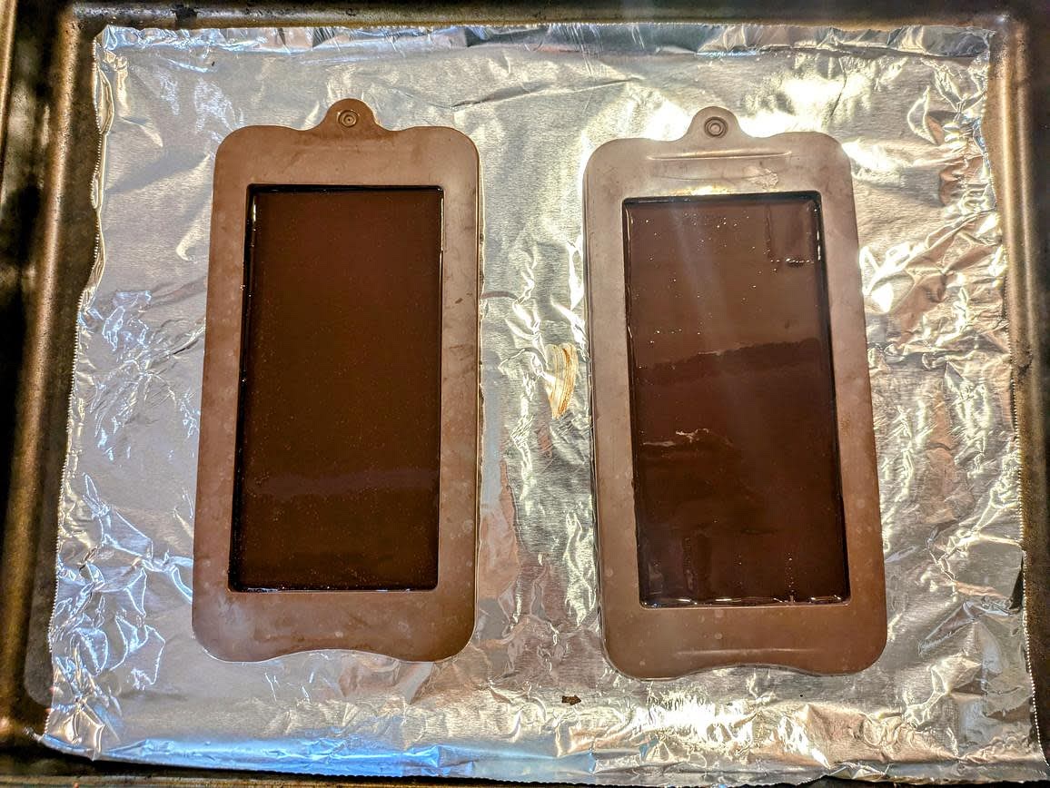Pour the melted chocolate into molds, and refrigerate for 1 hour to harden. Break into large pieces, or chop into smaller chunks