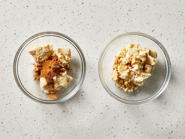 Transfer 1/2 of the paste to a separate bowl. Mix cinnamon into one half and vanilla into the other half.