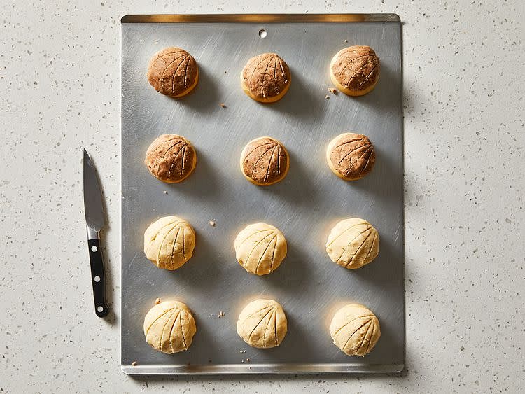 Divide each bowl of topping into 6 balls; pat flat. Place circles of topping on top of dough balls, patting down lightly. Use a knife to cut grooves in the topping like a seashell.