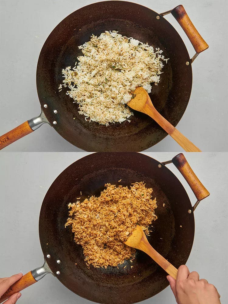 Add rice to the wok and stir to coat with the spice paste. Add kecap manis and soy sauce. Stir and cook until rice is evenly colored and hot throughout. Season with salt and pepper.