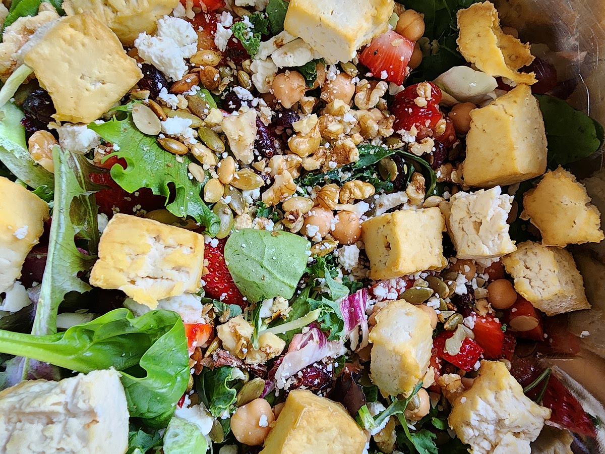 Make sure to add in that package of dried pepitas and cranberries that came with the Taylor Farms salad kit