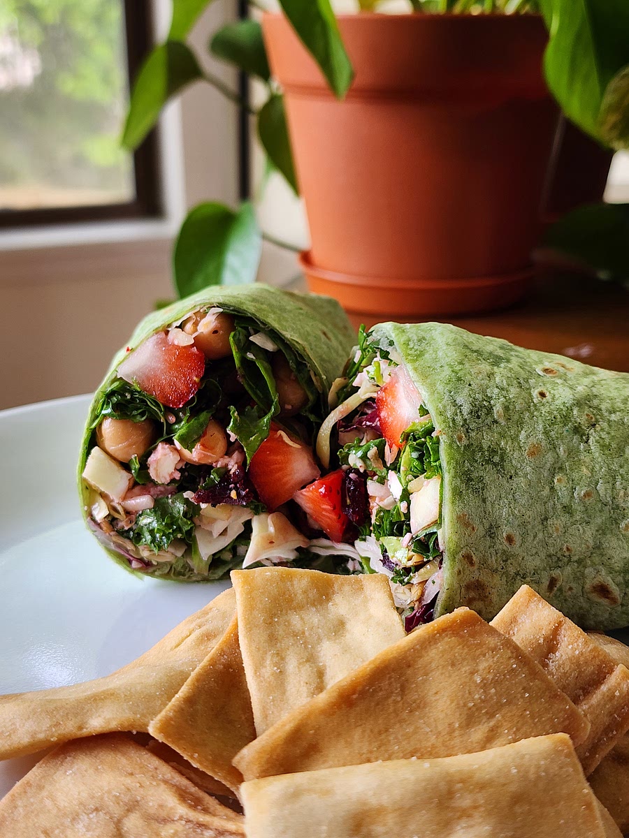Heat spinach tortillas, sprinkle some dill on the tortillas. then divide contents of the bowl into 2 large overstuffed wraps! Note: i used a microwaveable tortilla warmer for 30 seconds. When warm, tortillas get nice and stretchy and can hold much more than you think!!