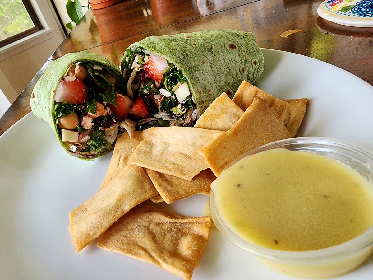 Cut wraps in half and serve with the pita chips and a lil cup of lemon garlic vinegarette on the side.