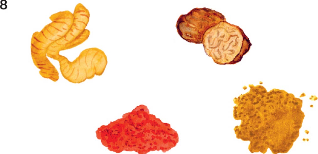 8Spices: allspice, cumin, ginger, nutmeg, paprika, pepper, sumac, turmeric
