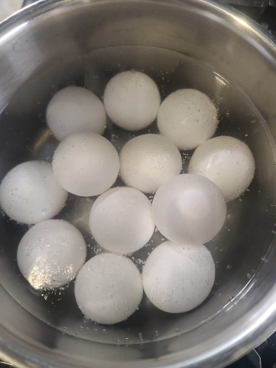 1. Place eggs in a pot, cover with cold water. 2. Bring to a boil, cover, remove from heat, and let stand for 9 - 12 minutes. 3. Drain, cool in ice water. 4. Peel and serve.