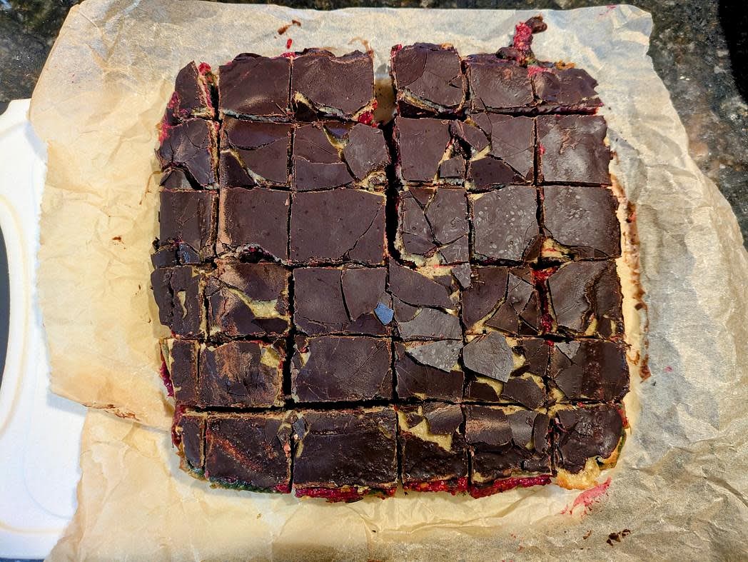 When the chocolate has cooled, transfer to a cutting board, and cut into 36 small square cookies, about 1" each