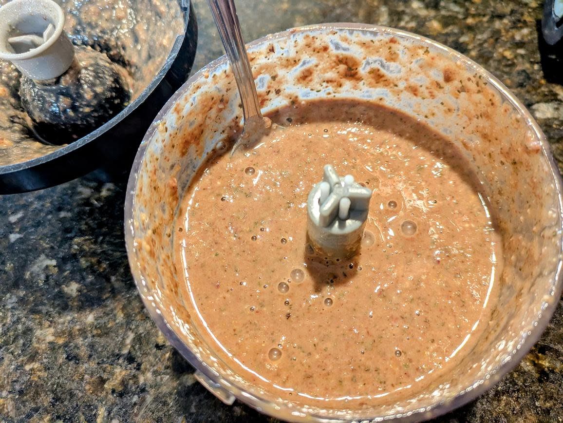 Add all ingredients to a blender or food processor, and blend until smooth