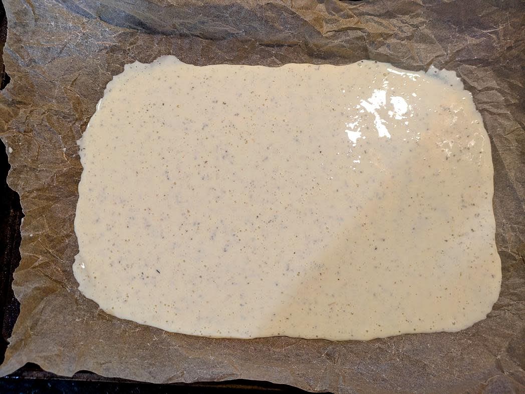 Combine together all ingredients in a food processor, and blend until smooth. Evenly spread the batter on your pan