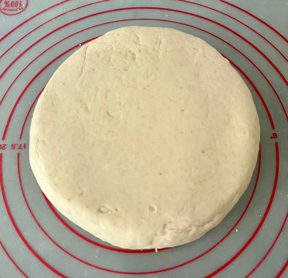 Take out and unwrap the dough. The time in the fridge should have hydrated well the flour and made the dough more homogeneous. Flour the working surface slightly so the dough doesn't stick to it. Slightly flatten the ball with a rolling pin, making a thick disc to make it easier to work with.