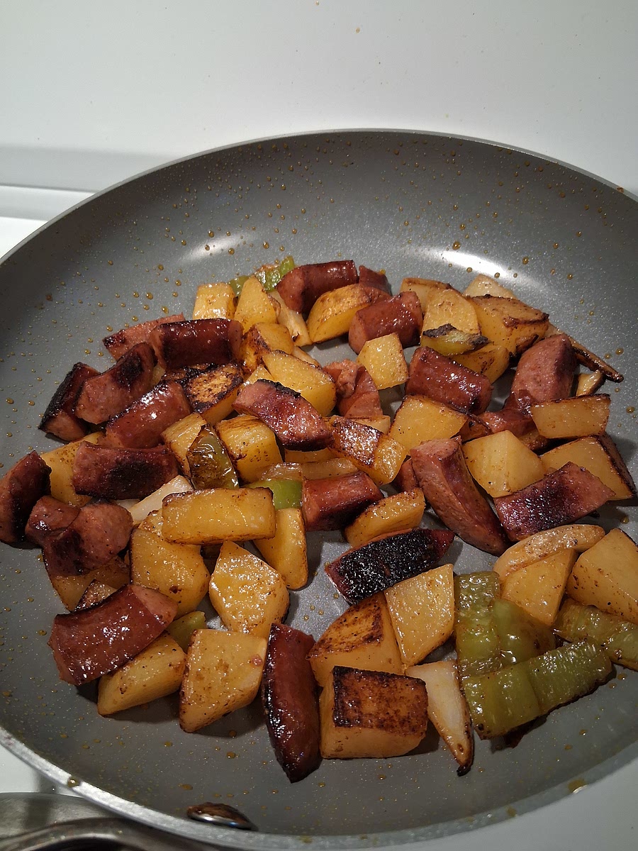 This isn't one you have to stare at. I prefer if some of my bits are charred. Just come back occasionally to stir it and it will be fine. If it starts getting too dark before your potatoes are done, add a tiny bit of water and cover the pan, turning the heat down.
