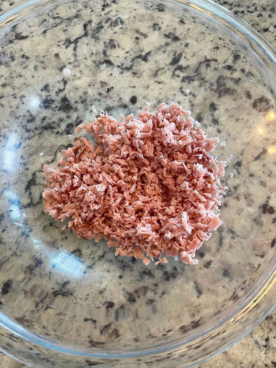 Finely dice the ham, and add to a large bowl.