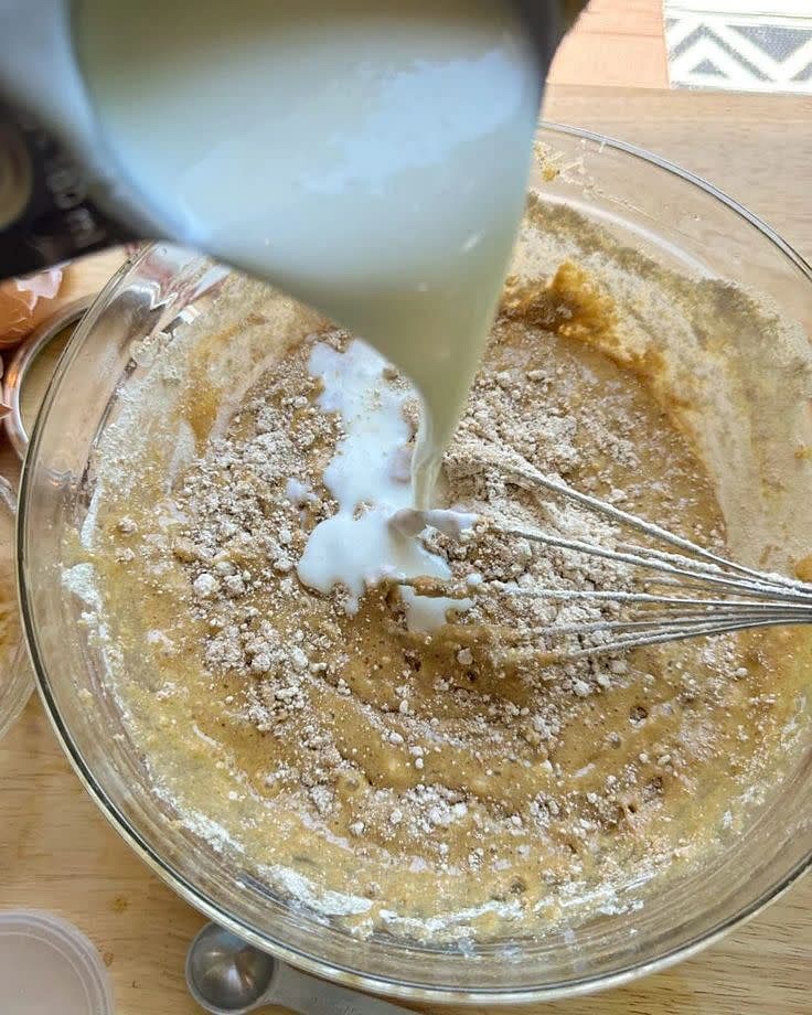 Add almond milk and mix until just combined. The batter should be pourable but slightly thick.