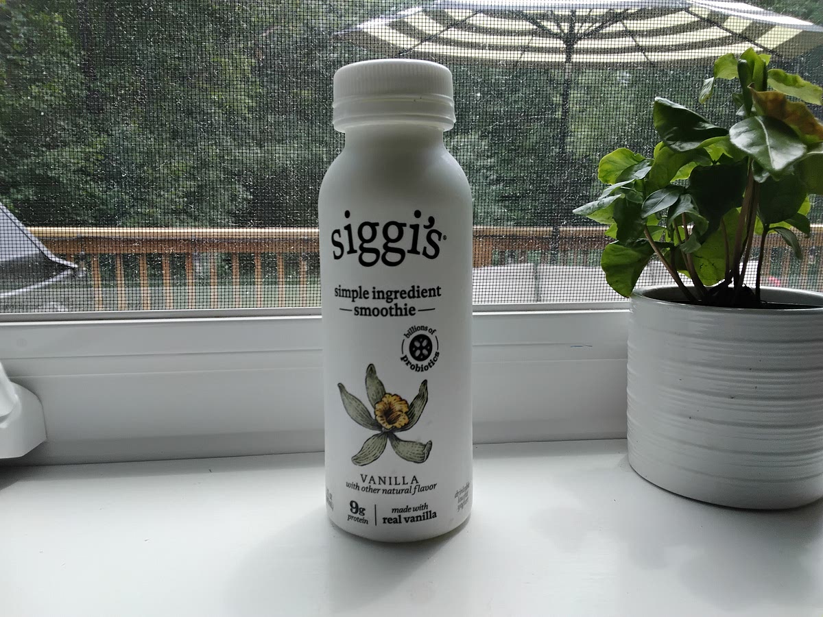 Pour most of the vanilla smoothie (I used siggi's) into the blender.