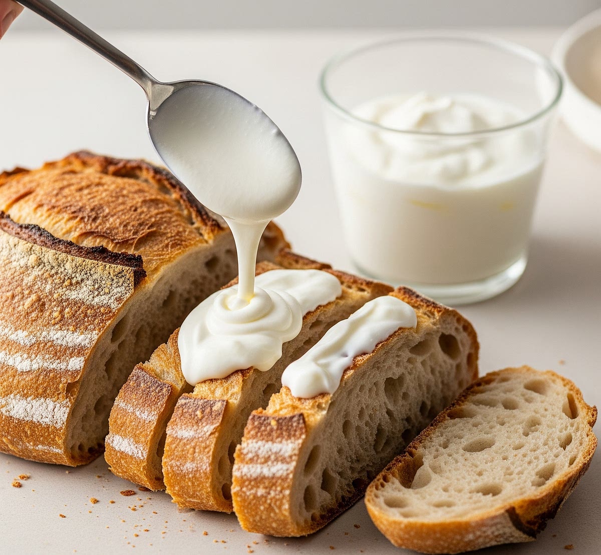Versare lo yogurt con un cucchiaio nel pane tagliato in precedenza