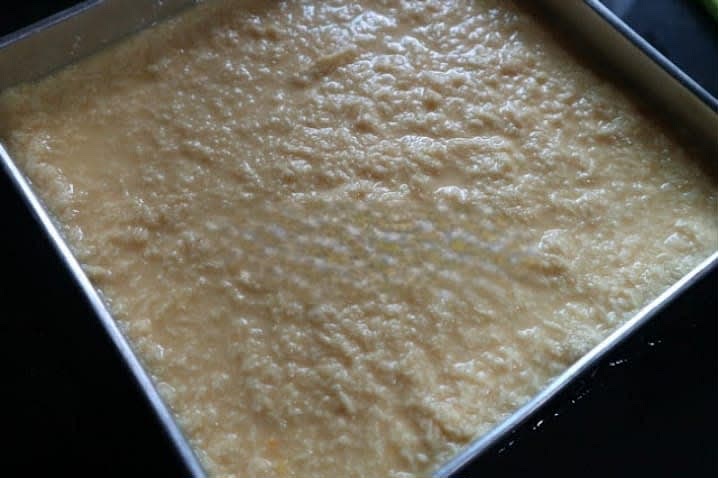 Pour into a 7 X 7 inch baking pan frame and level the surface. Note: I used an 8x8 inch baking pan.
