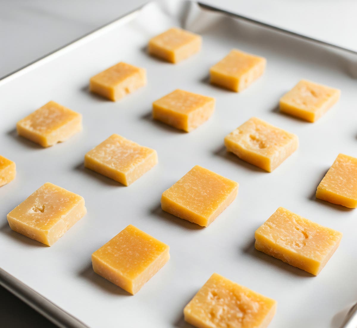 Disponi accuratamente i "blocchetti" di parmigiano tagliati in precedenza, su una teglia rivestita di carta forno, assicurandoti che non si sovrappongano, per una cottura uniforme.