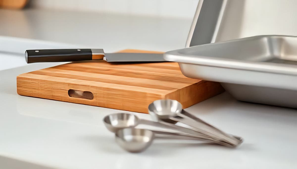 Gather ingredients and equipment. (Cutting Board, Measuring Spoons, sharp kitchen knife, sheet pan/baking dish, spritz of non-stick *remember, you are using oil drizzle so not too much*.)