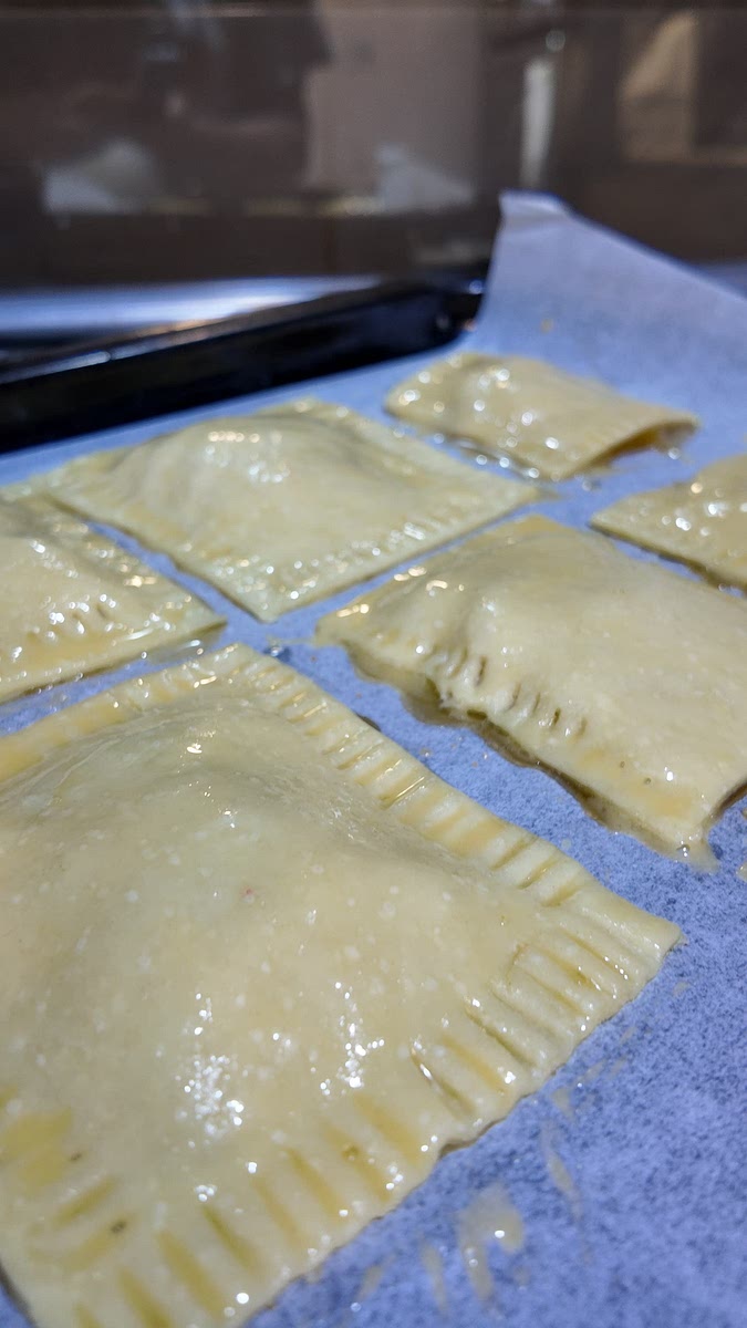 Brush some eggwash on each puff pastry rectangle