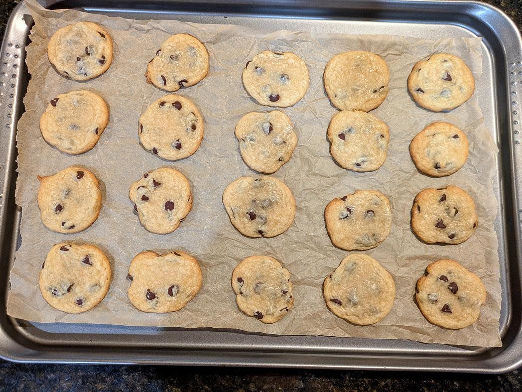 Bake for about 9 min at 350F, or until lightly golden brown on the bottom and the sides. Transfer the pan to the fridge, and allow the cookies to totally cool, about 1 hour, before removing from the tray