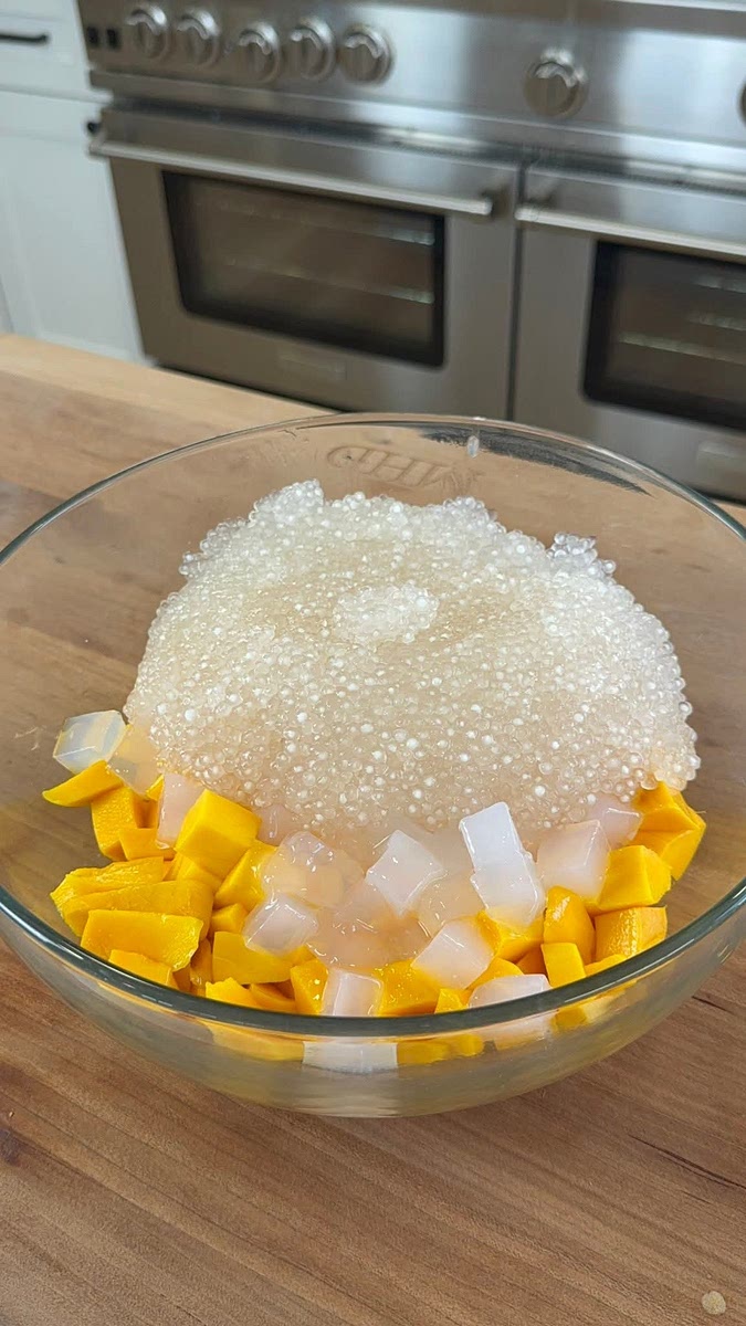 In a large bowl, mix all together: 4-5 champagne mangoes peeled and diced, one jar of coconut jelly, cooked sago, 1 can of evaporated milk, 1 can of coconut milk and 1/2 a can of condensed milk (if you prefer more sweet add more condensed milk)
