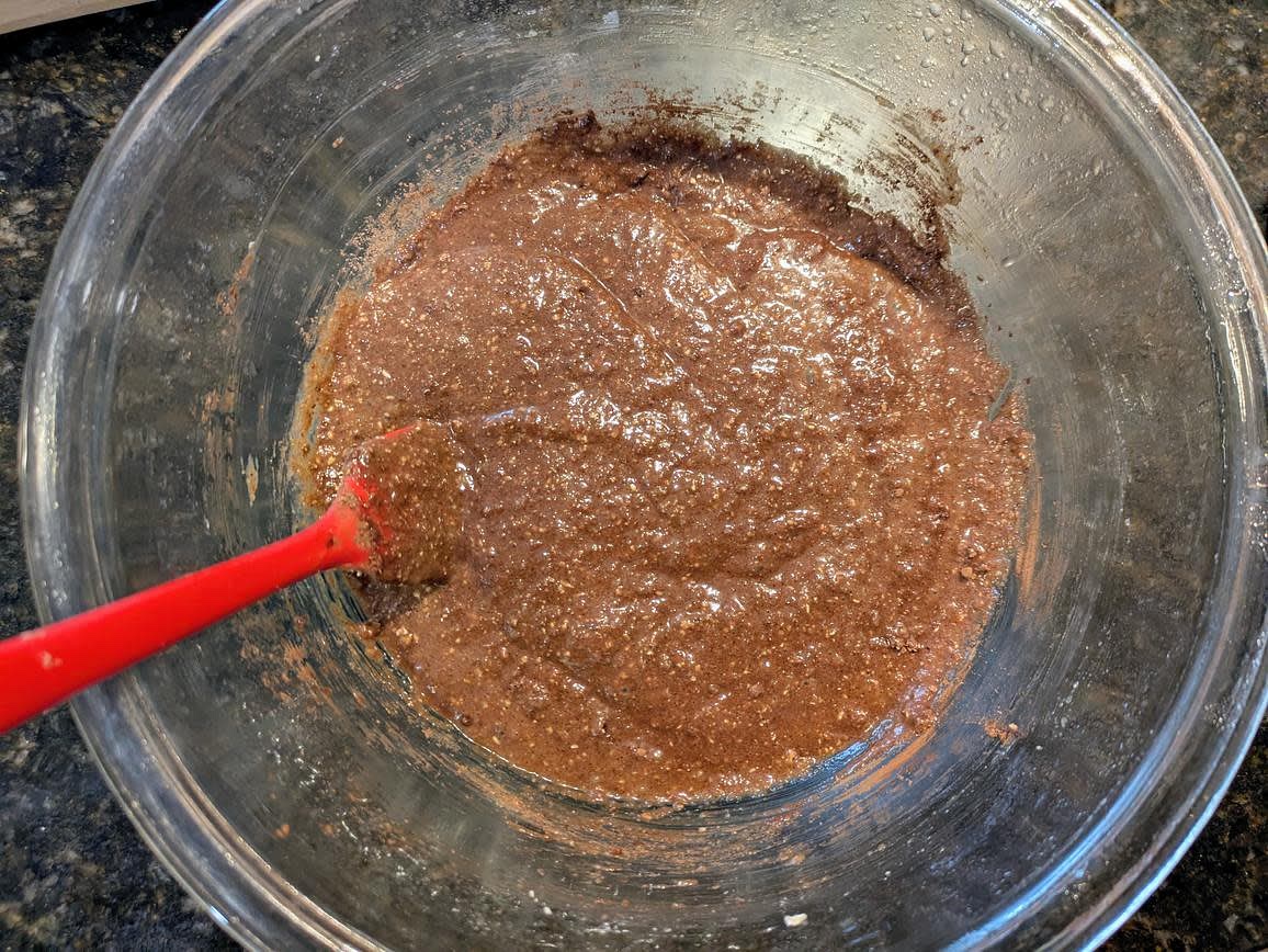 Add the dry ingredients to the wet, and mix until just fully combined