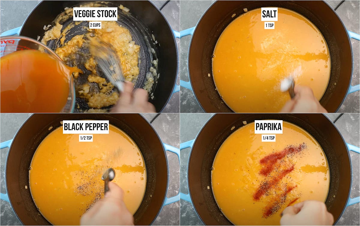 Slowly pour in the half-and-half, whisking continuously until simmering. Reduce the heat to low and add the vegetable stock. Bring to a simmer and cook for 5–10 minutes, until thickened.