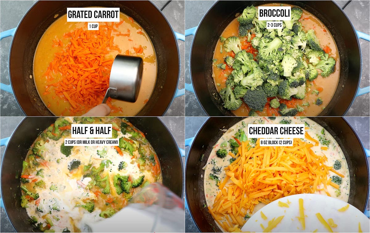 Mix in the: broccoli
carrots
salt
pepper
nutmeg
Simmer for 10–15 minutes, until the vegetables are tender.