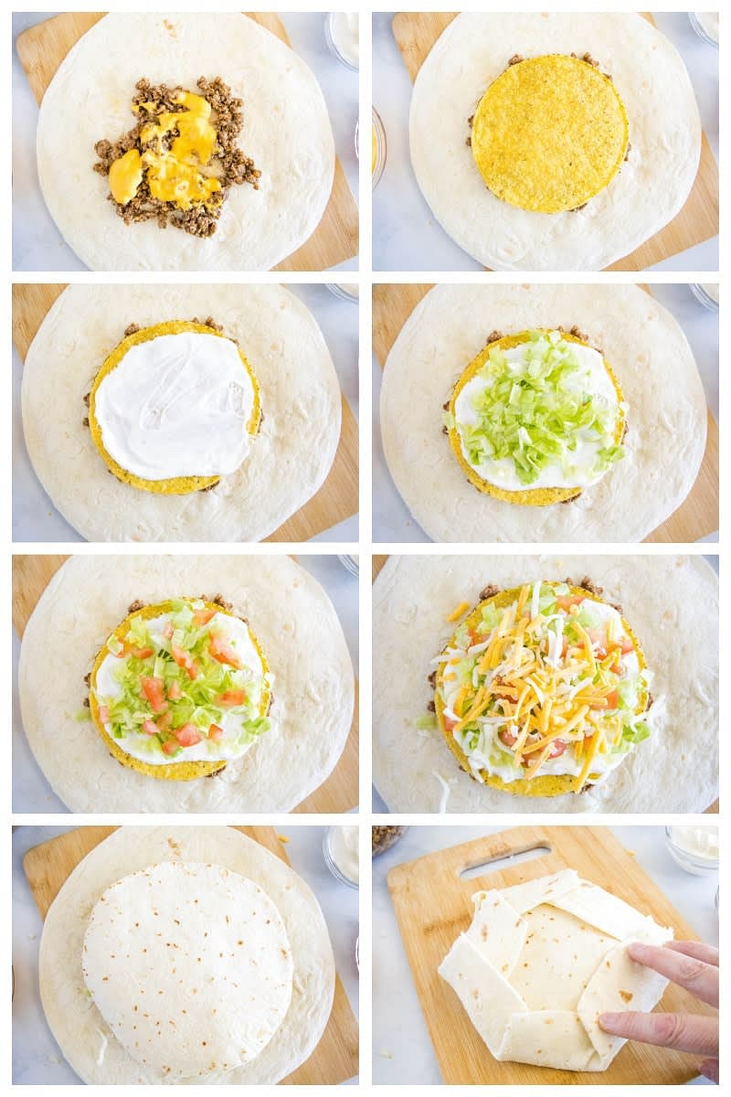 Fold out edges of flour tortilla in center, using an overlapping fold, using a bit of oil or butter to help folds to stick together (see picture). If the folds do not reach the center, use a piece of another tortilla to cover the fillings.
