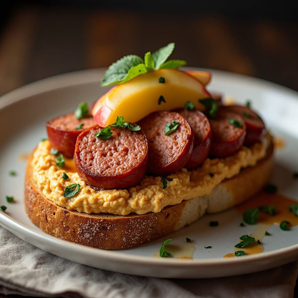 Step 4 – Assemble 1. Spread roasted garlic hummus generously on toasted ciabatta. 2. Layer sausage slices over the hummus. 3. Spoon apple–onion mixture on top. 4. Drizzle with pan juices. 5. Finish with optional parsley or red pepper flakes.