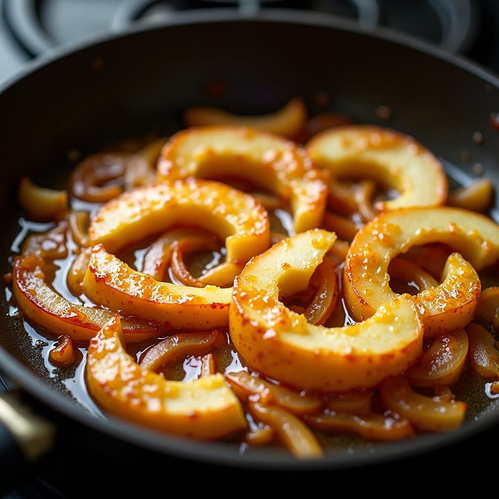 Step 2 – Caramelize Apples & Onions 1. In a skillet, melt butter over medium-low. 2. Add sliced onion, cook until soft & golden (~8–10 min). 3. Add chopped apples, cook until softened and caramelized (~5–7 min). 4. Deglaze pan with a splash of apple cider, simmer until reduced and syrupy. 5. Season lightly with salt, pepper, and (optional) pinch of cinnamon/thyme.