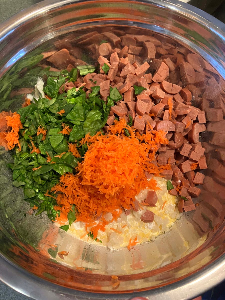 Combine dry ingredients, add yogurt, veggies, flax eggs and water, stir.