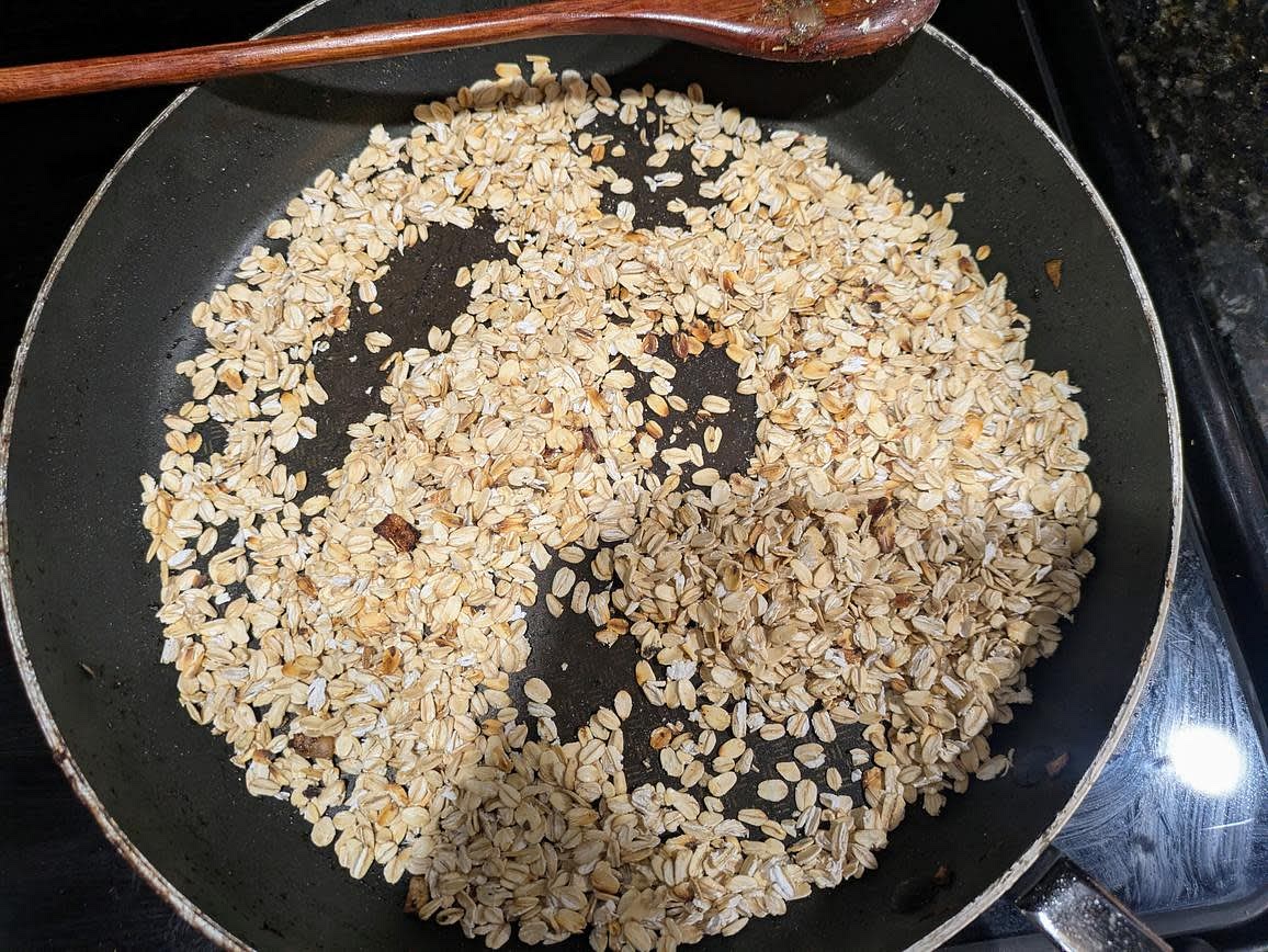 Add your oats to the now empty pan over medium low heat. Toast until fragrant and lightly browned, about 3 minutes