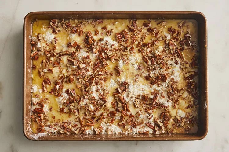 Sprinkle cake mix evenly over pumpkin mixture; sprinkle evenly with pecans. Drizzle butter evenly over pecans.