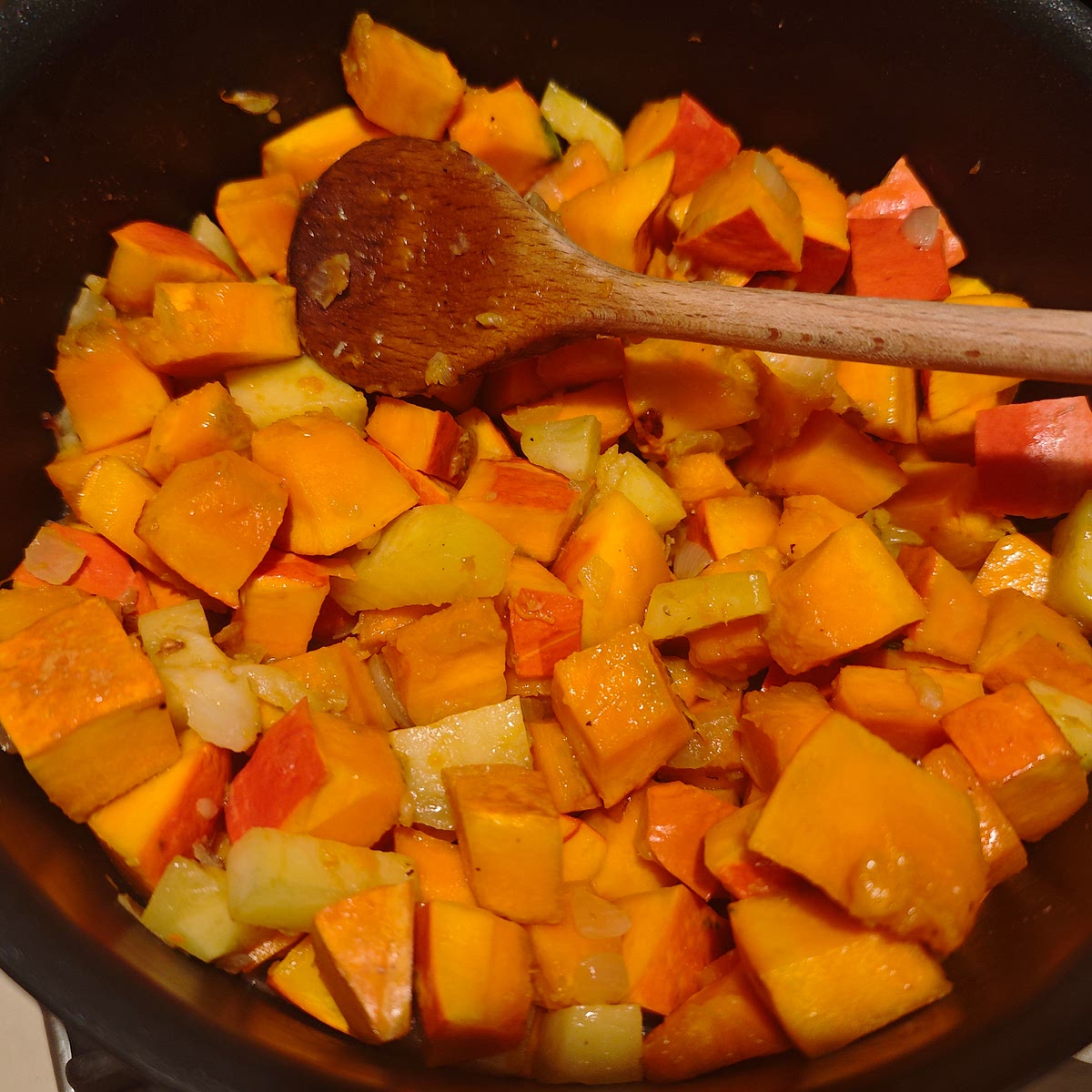 Mix in the chopped pumpkin and potatoes to soften the taste.
