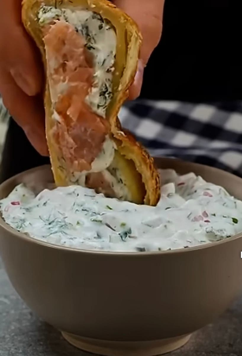 Once pastry is cooled slightly, slice it like bread and serve with dipping sauce. Very good! Enjoy!