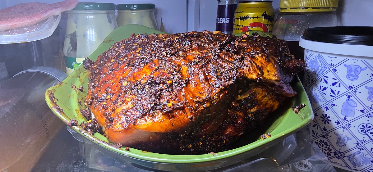 Spread over pork shoulder without skin and marinade in fridge for 12 hours