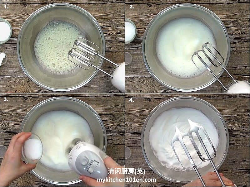 In mixing bowl, whisk egg whites over low until large bubbles form. Add cream of tartar, whisk until small bubbles form. Gradually mix in sugar until thick. Merengue should stick off in peaks on the whisk.