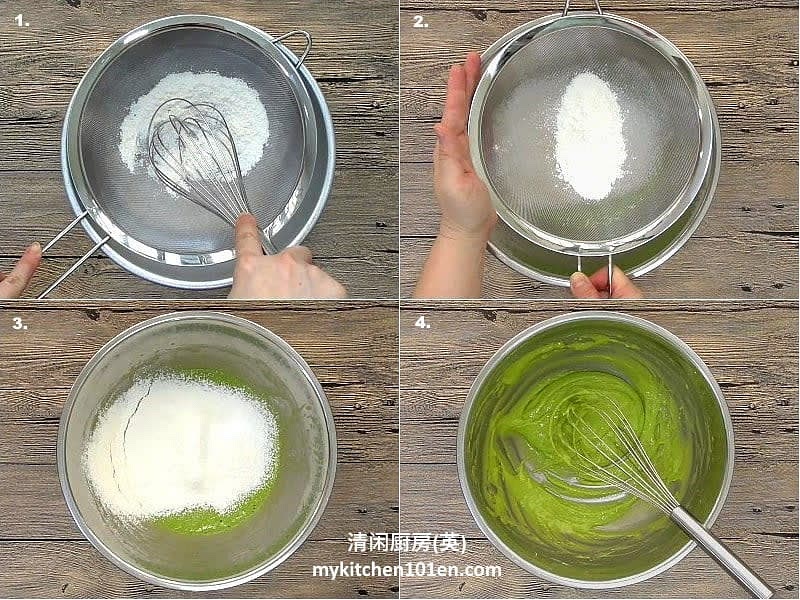 Sieve milk powder into cake flour. sieve again into the previous bowl with wet ingredients.