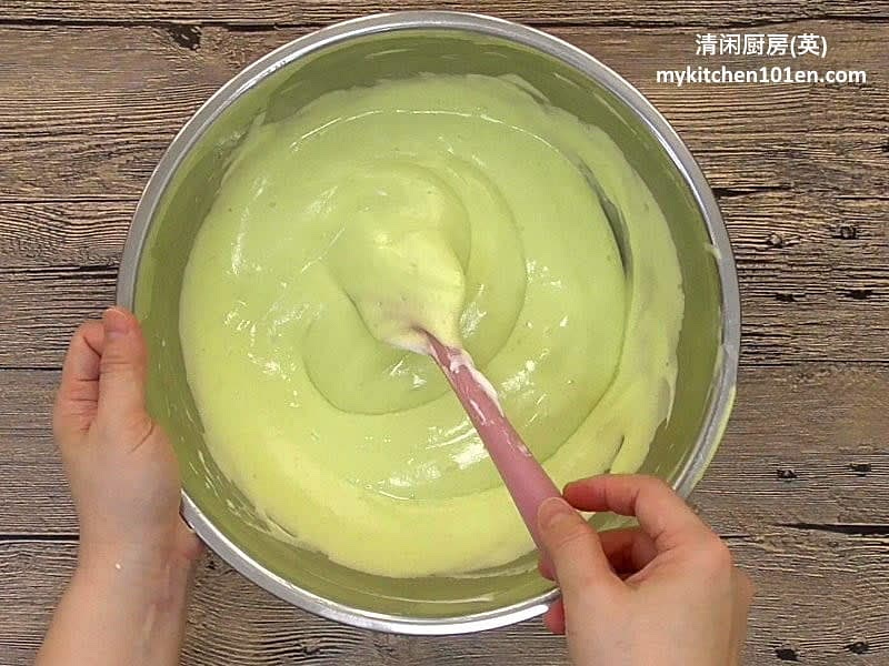 Fold gently with spatula until well mixed. Tap on countertop a few times to burst large bubbles.