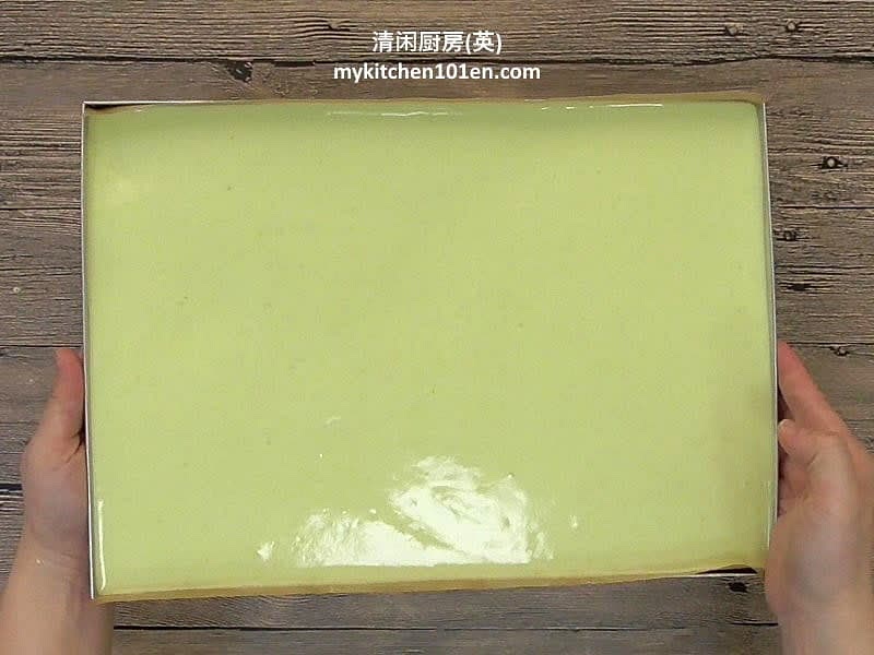 Pour batter into 10x14 baking sheet, lined with parchment paper. Spread evenly with spatula; drop pan a few times to burst any bubbles.