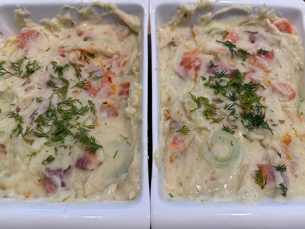 Throw in the peas and dill and then stir all the ingredients together