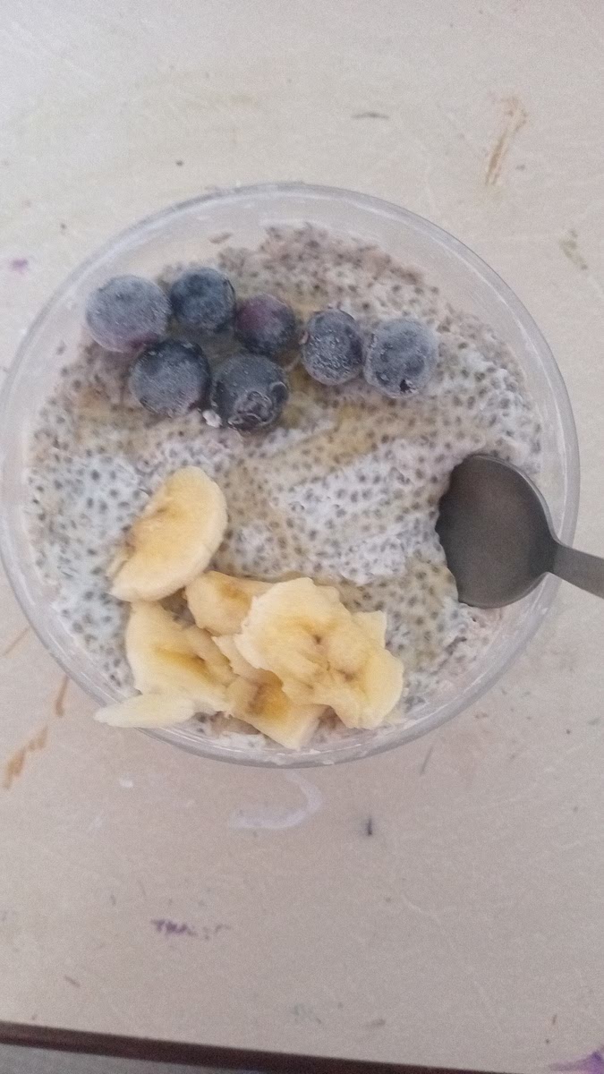 Get chia seeds and coconut milk with oats and peanut butter and put it in fridge for 10 minutes to 1 hour and top of some banana and blueberries and a little bit of honey