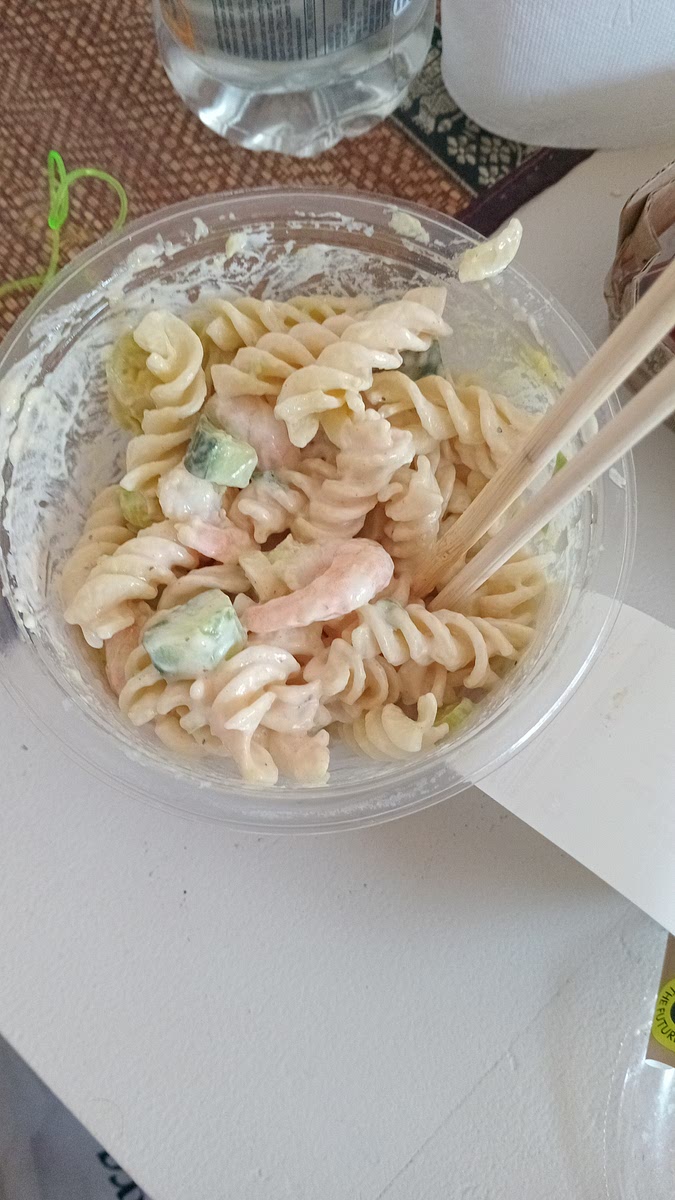 One:get pasta and cook it two:get cucumbers avo and shrimp and get heathy sauce a little bit and mix it