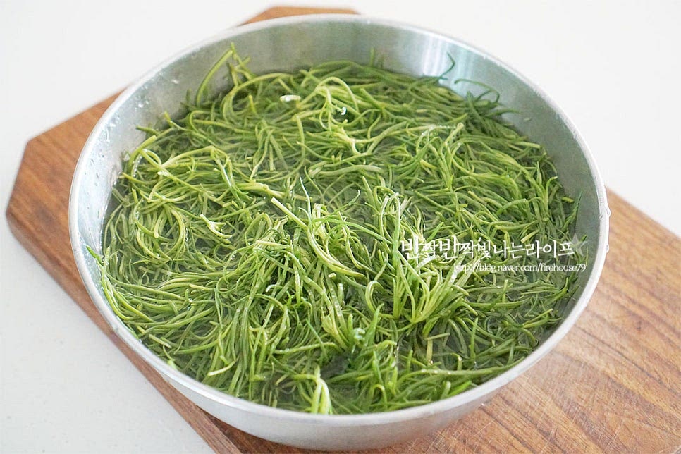 세발나물은 손질이 크게 어렵지 않아요. 중간중간 누런 잎 정도 정돈하여 준 뒤 물에 가볍게 흔들어 씻어줍니다. 보통 시중에 구입하는 것은 깨끗한 편이라 잠길 정도로 물을 부어 살살 흔들어가며 흙이나 이물질이 나오지 않을 때까지 씻어줍니다. 체에 밭쳐 물기를 탈탈 털어줍니다. 먹기 좋도록 적당히 2~3등분으로 잘라주어요. 색감과 맛을 더해주기 위해 홍고추는 얇게 송송 썰어 준비해둡니다. 이 과정은 생략 가능해요. 둘, 부침개 반죽을 만들어요. 밀가루나 부침가루 준비하시면 되는데요. 튀김가루와 섞어 반죽을 만들어 바삭한 식감을 살려줄 것이랍니다. 부침가루 100ml, 튀김가루 100ml 볼에 담아줍니다. 세발나물전 같은 경우 밀가루 옷보다 나물이 많아야 특유의 향이 깊어 맛이 좋아요. 반죽이 많은 게 좋다면 조금 늘려주셔도 됩니다. 차가운 물 또는 멸치 다시마 육수를 가루와 동량으로 넣어줍니다. 두껍게 굽지 않고 얇고 바삭하면서 재료의 맛을 살리기 위해 농도를 약간 묽게 해주었습니다. 일반적인 반죽농도는 동량 기준으로 가감하여 맞추어 주시면 되는데요. 한 번에 다 넣지 않고 절반 정도 넣은 뒤 농도에 따라 맞추어 주시면 더 쉽습니다. 날가루가 보이지 않게 섞어줍니다. 너무 많이 섞지 않아야 바삭해요.