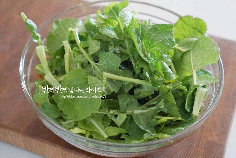 양념에 겨울초를 넣어줍니다. 서로 간이 어우러지도록 버무려주는데요. 이때 너무 힘을 주면서 섞게 되면 풋내가 나고 숨이 죽어 뭉치므로 살살 흔들어가며 간이 밸 수 있도록 해줍니다.