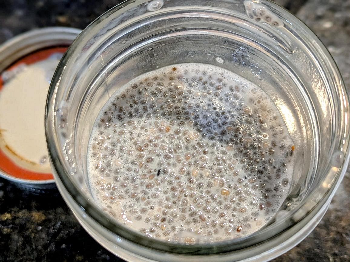Add chia seeds, milk, vanilla, and sweetener to a small mason jar. Vigorously shake to combine. Let rest for 5 minutes, and then vigorously shake again. Refrigerate for at least 2 hours, ideally overnight