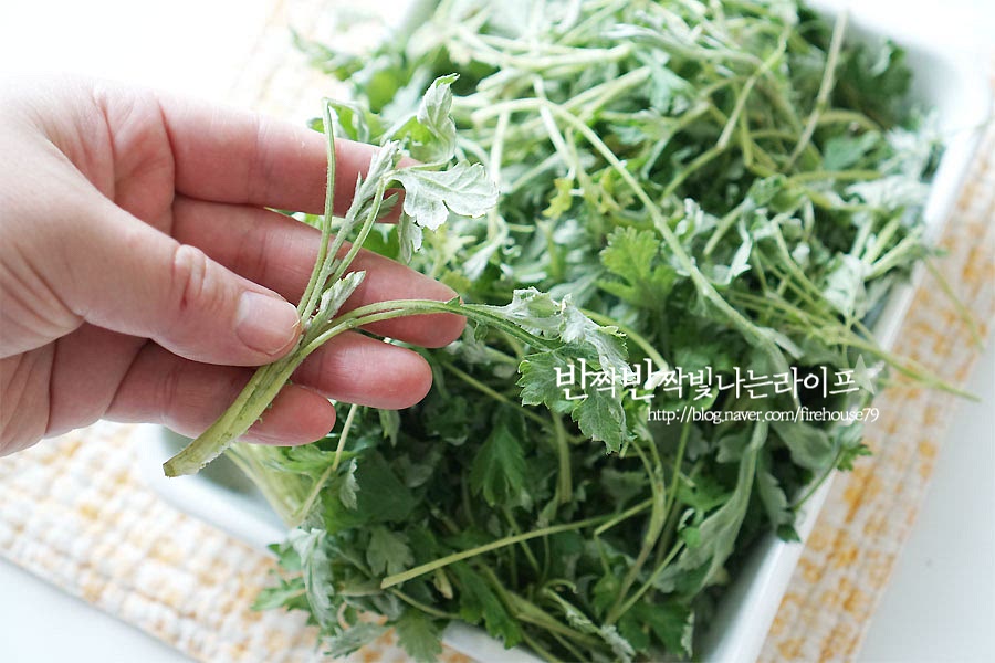 쑥을 손질하여 줍니다. 줄기 끝부분 억센 것이나 누런 잎은 제거하여 주어요. 지금 한창 나오는 건 향도 진하고 부드럽답니다. 잎 부분에 흙먼지가 많이 붙어있기 때문에 여러 번 헹구어 씻어준 뒤 체에 밭쳐 물기를 털어줍니다. 쑥국끓이는법 포인트 중 하나가 향을 더 진하고 부드럽게 맛보기 위해 된장에 버무린 뒤 끓이는 것인데요. 된장 2T를 넣고 버무려 주어요. 가볍게 조물조물 무쳐주면 향긋함이 그대로 느껴져요.