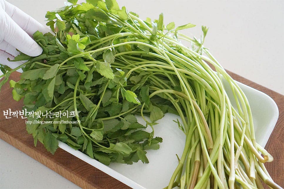 향이 좋은 미나리는 청도에서 재배한 것을 준비했어요. 줄기가 억세지 않고 아삭아삭해서 부드럽게 먹기에 좋답니다. 미나리무침 레시피 중에서도 겉절이가 아닌 나물로 감칠맛을 더했습니다. 넉넉한 크기의 볼에 물을 붓고 식초 1 작은 술을 희석하여 미나리를 담가 흔들어줍니다. 물을 틀어놓고 흐르는 물에 세게 헹구면 연한 잎이 상할 수 있어 물에 담가 살짝 흔들어가며 헹구어 물기를 털어줍니다. 억센 잎이나 마른 잎, 굵은 줄기는 제거해 준 뒤 줄기와 잎 부분을 나누어 잘라줍니다.