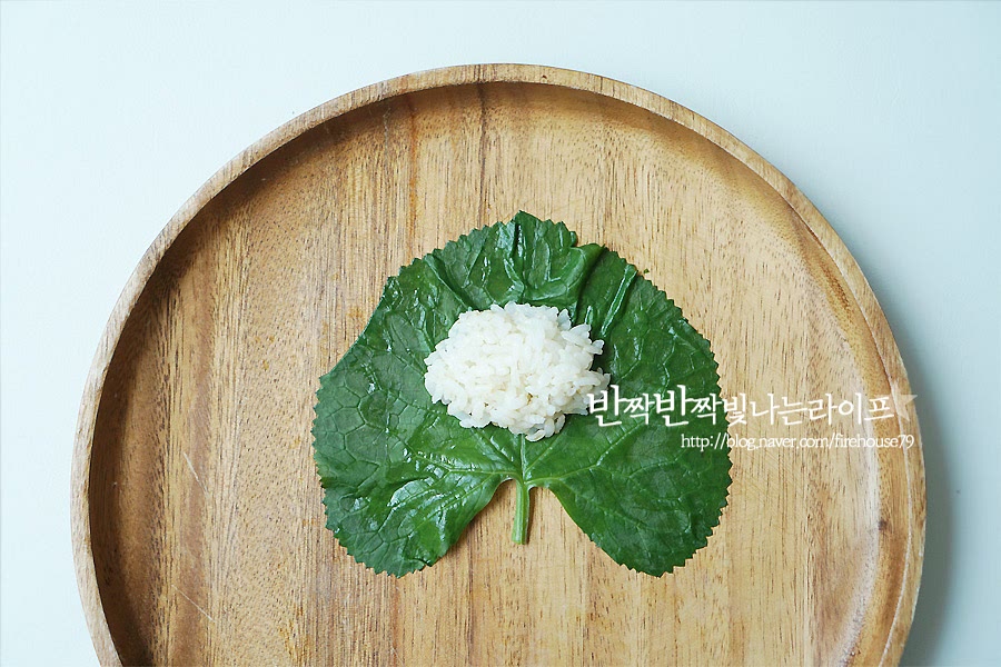 데친 잎을 넓게 펼치고 그 위로 밥을 올려주세요. 밥은 참기름과 깨소금을 넣고 잘 섞어 준비해 주었어요. 제육볶음 품은 곰취쌈 모양을 만들어줍니다. 볶은 돼지고기를 올려주세요. 그리고 한쪽 끝부터 차례대로 오므리면서 모양을 잡아주세요. 한쪽 끝 넓은 부분으로 잘 감싸주어야 속재료가 흘러내리지 않고 집어먹기 좋아요. 꼬마김밥처럼 돌돌 말아볼까 하다가 잎줄기를 살려 모양을 잡아주었더니 봄스러운 게 귀엽고 예뻐요.